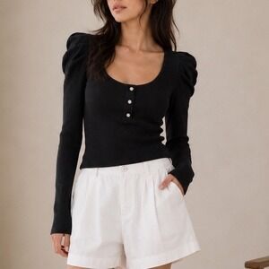 Cinq a Sept Ribbed Puff Sleeve Top Womens Small Black Rhinestone Party Y2K